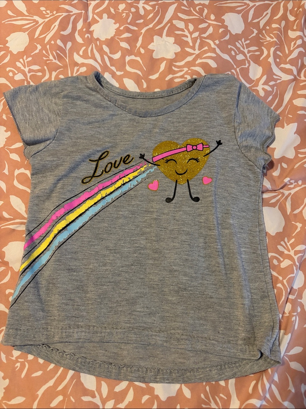 Source Unknown Grey Kids' Tee with Gold Glitter Heart and Rainbow Stripes